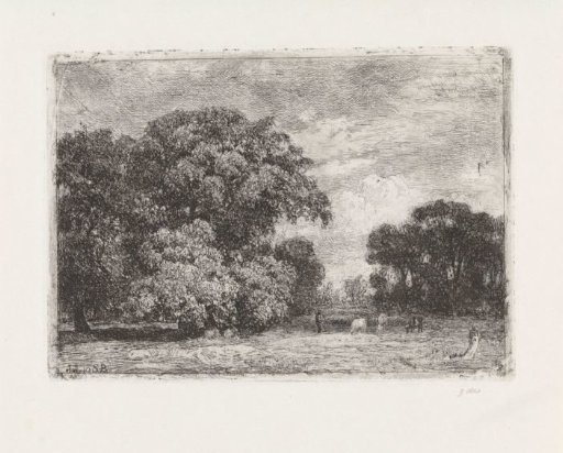 Landscape with trees and three grazing cows