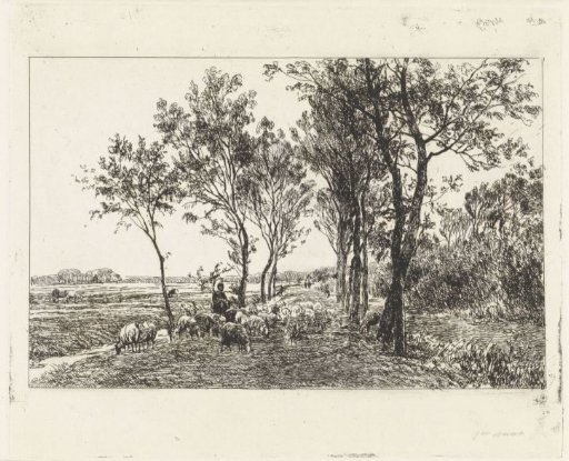 Landscape with shepherd and flock of sheep