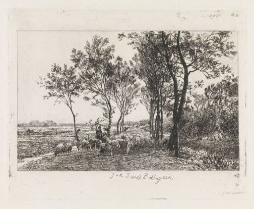 Landscape with shepherd and flock of sheep