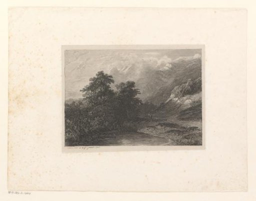 Swiss mountain landscape with figures along a path by the water
