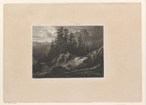 Mountain landscape with pine trees by a cascade