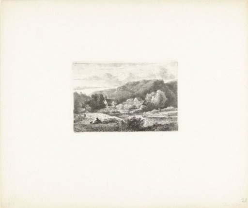Hilly landscape with a small church and houses