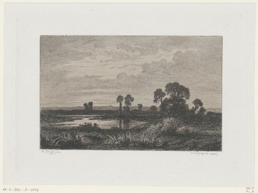 Landscape with trees by a pool