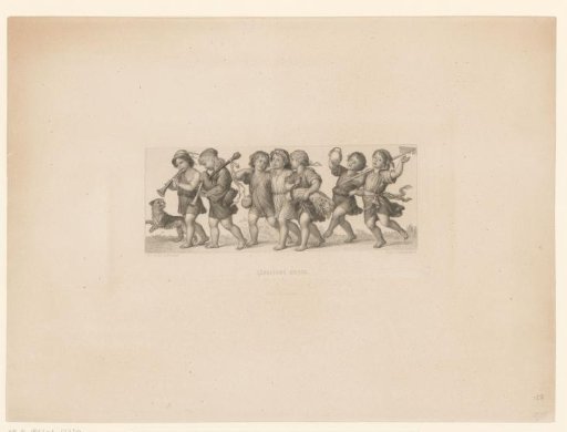 Seven children with agricultural tools and musical instruments
