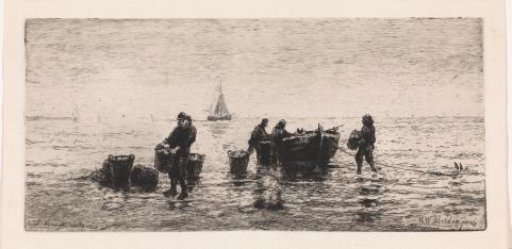 Fishermen emptying a boat on the beach