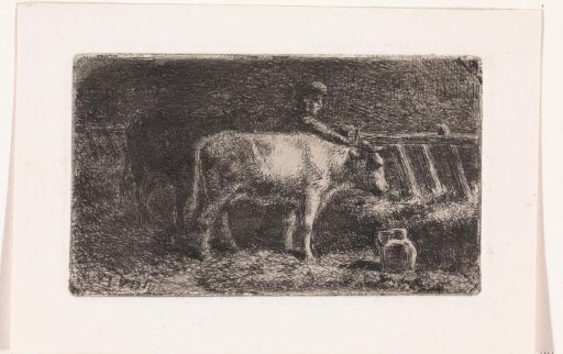 Farmer between two cows at a trough in a stable (small version)