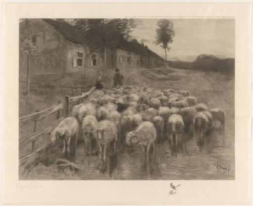 Shepherd and a woman with a flock of sheep