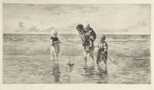Four Children Playing with a Toy Boat on the Beach in Shallow Sea Water