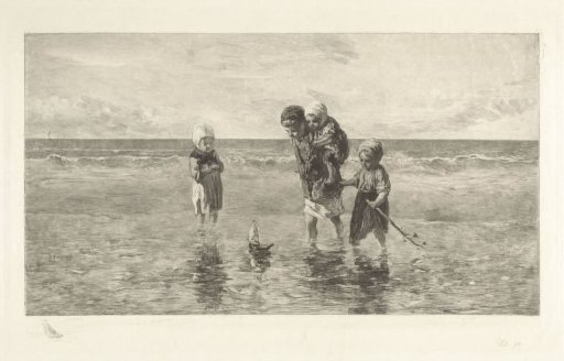 Four Children Playing with a Toy Boat on the Beach in Shallow Sea Water