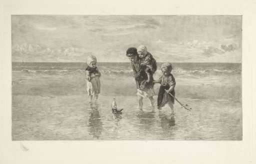 Four Children Playing with a Toy Boat on the Beach in Shallow Sea Water