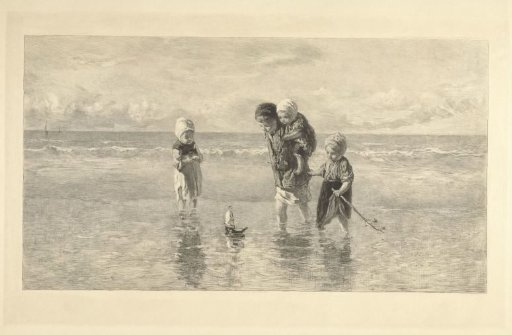 Four children playing with a toy boat on the beach in shallow sea water
