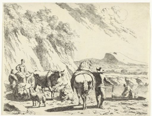 Man with horse and shepherdess on a donkey with livestock in a hilly landscape