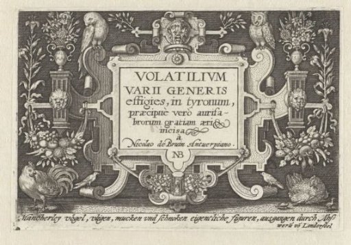 Title print with title in cartouche with ornaments and birds