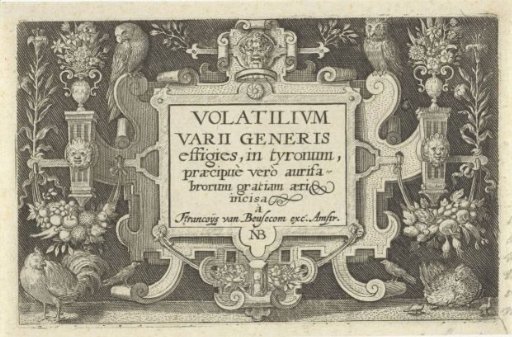 Title print with title in cartouche with ornaments and birds