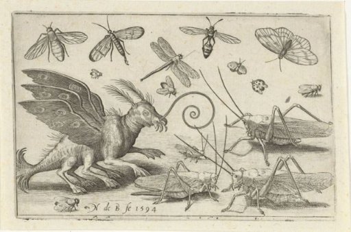 Grasshoppers and fantasy creatures with wings and webbed feet