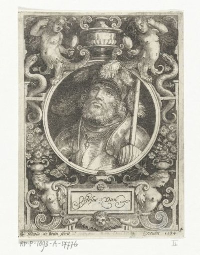 Portrait of Joshua in a medallion within a rectangular frame with ornaments