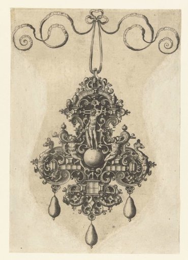 Front of pendant with a nude god with a shield, standing on a globe