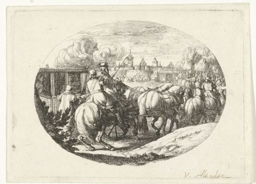Army and carriages marching towards a city