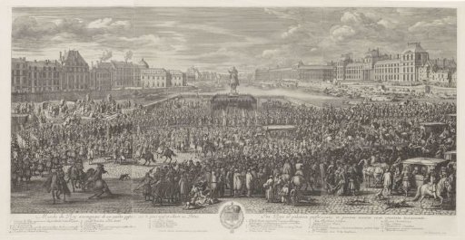 King Louis XIV of France riding with his retinue across the Pont-Neuf