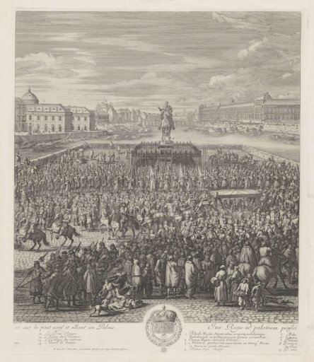 King Louis XIV of France riding with his retinue across the Pont-Neuf
