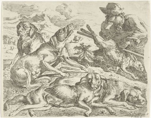Four Dogs, a Hunter and a Hare