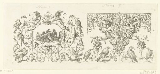 Border decoration with an oval on the left and two putti on the right