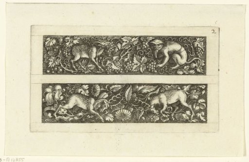 Two friezes, the upper one with a goat and a monkey