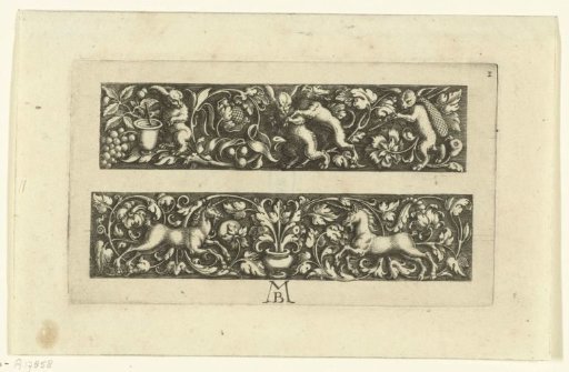 Two friezes, the upper one with three hares