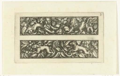 Two friezes, the upper one with two lions