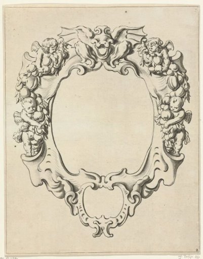 Cartouche with scrollwork ornament and four cherubs
