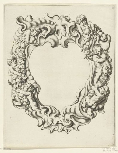 Cartouche with scrollwork ornament and six children
