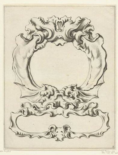 Cartouche with scrollwork ornament consisting of two compartments