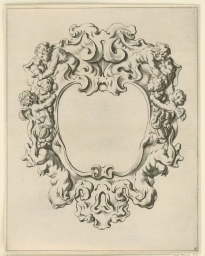 Cartouche with scrollwork ornament and two children and two angels