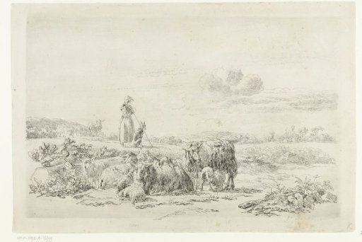 Landscape with shepherdess and dog near a flock of sheep