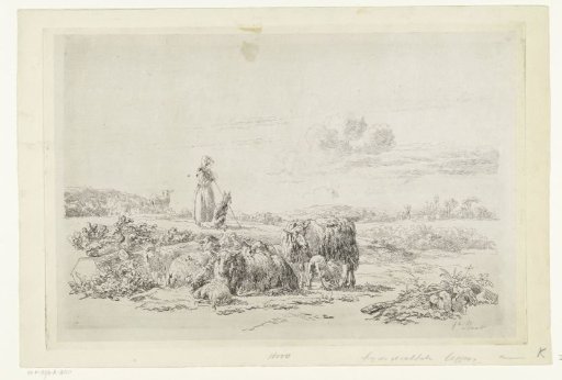 Landscape with shepherdess and dog near a flock of sheep