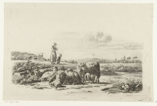 Landscape with shepherdess and dog near a flock of sheep