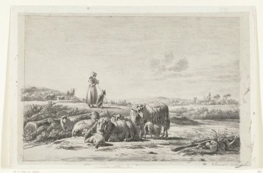 Landscape with shepherdess and dog near a flock of sheep