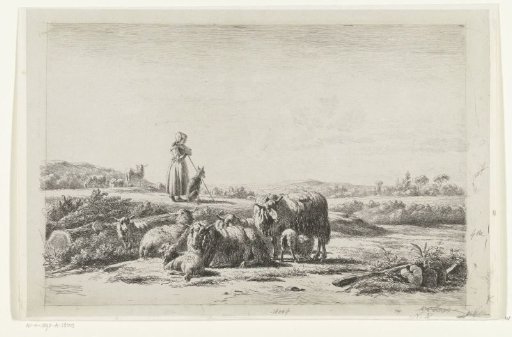 Landscape with shepherdess and dog near a flock of sheep