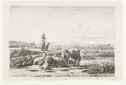 Landscape with shepherdess and dog near a flock of sheep