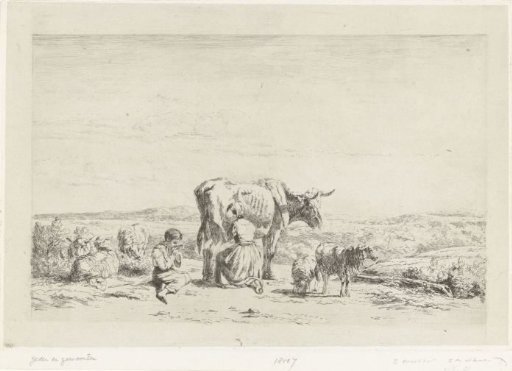 Landscape with a woman milking a cow and a boy with sheep