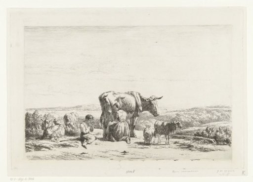 Landscape with woman milking a cow and boy with sheep