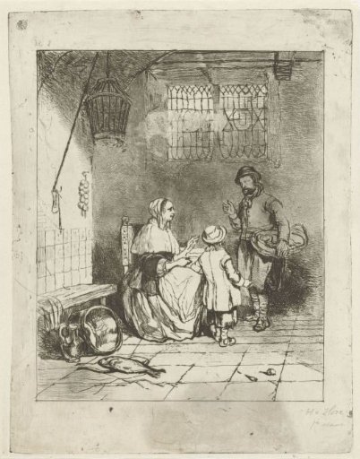 Three figures in a kitchen interior