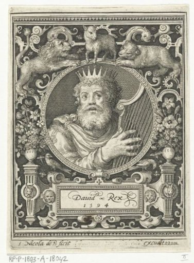 Portrait of King David in a medallion within a rectangular frame with ornaments