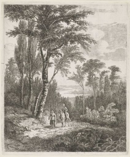 Horseman and woman on a forest path