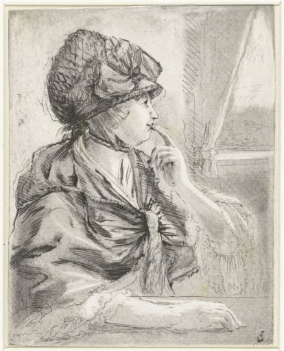 Portrait of a woman, sitting at the window, finger to the lips