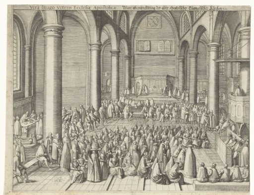 Church interior with sermon, baptism and communion