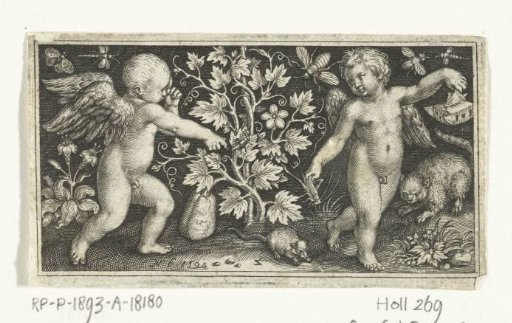Two cherubs on either side of a calabash plant