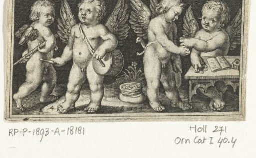 Two cherubs counting money and two cherubs with junk and flute