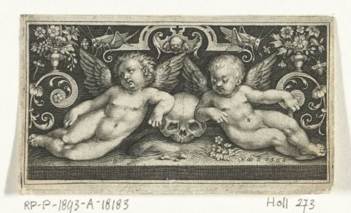Two fighting children, riding on goats, flanked by children blowing trumpets