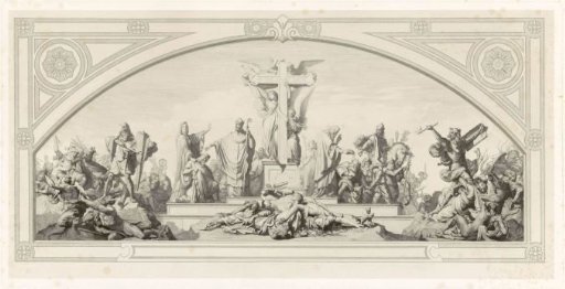 Decoration of the Throne Room in "Le Luxembourg". Allegory on the Introduction of Christianity in Europe. In the Center, Three Angels Placing a Cross on the Pedestal of a Toppled Statue of Jupiter